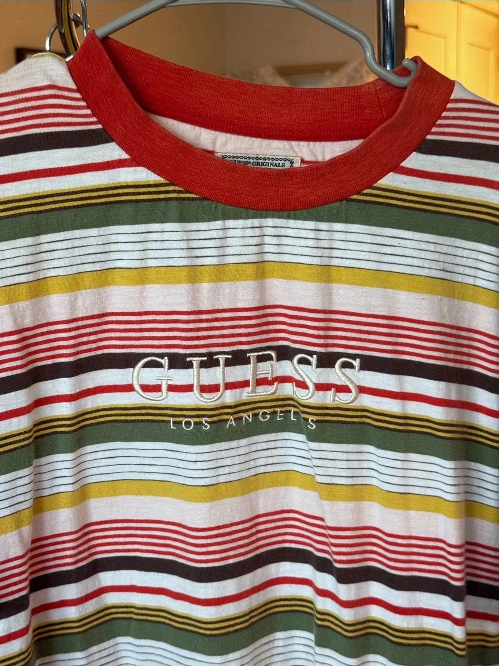 Vintage Guess Striped Logo Tee in Red, Olive & Yellow - Picture 2 of 4
